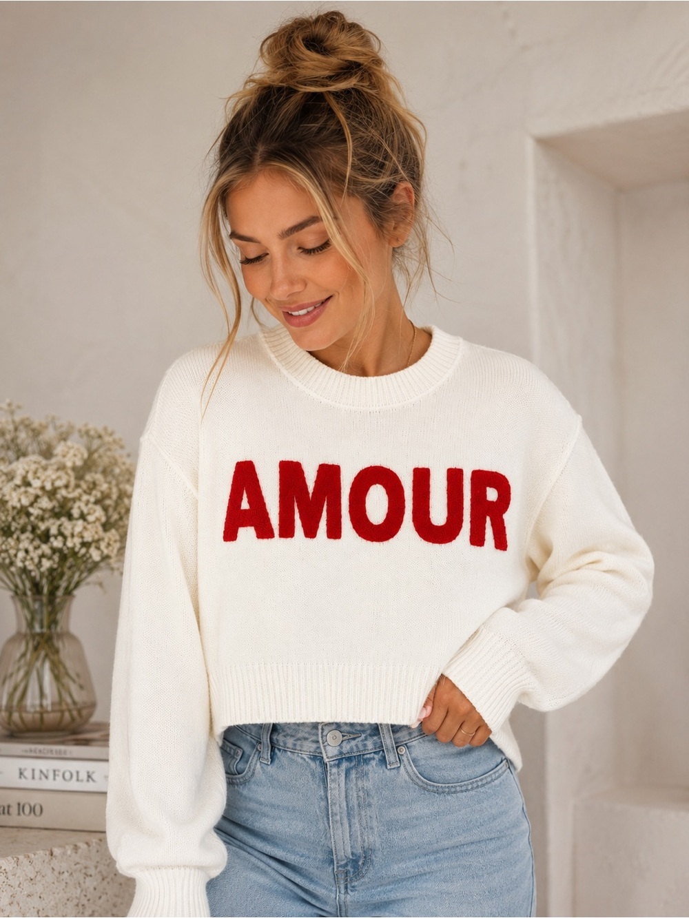 NWT Sincerely Jules Women’s Ivory AMOUR Cropped Knit Sweater XS